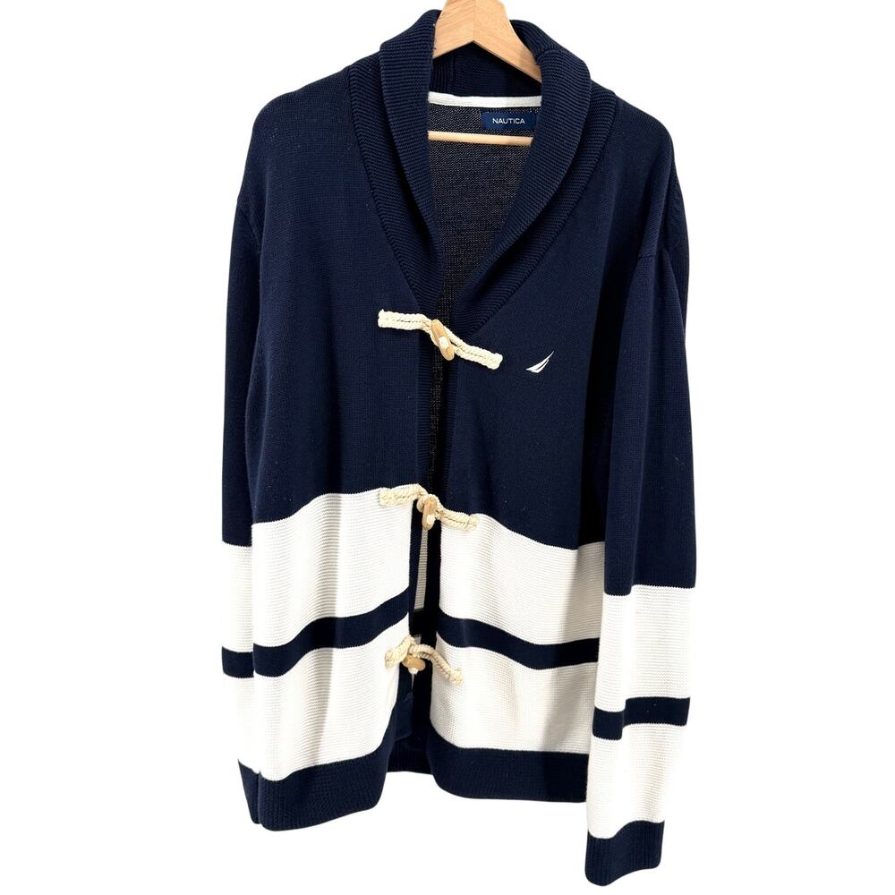 Nautica Navy Blue White 100% Cotton Wood Toggle Shawl Cardigan Sweater